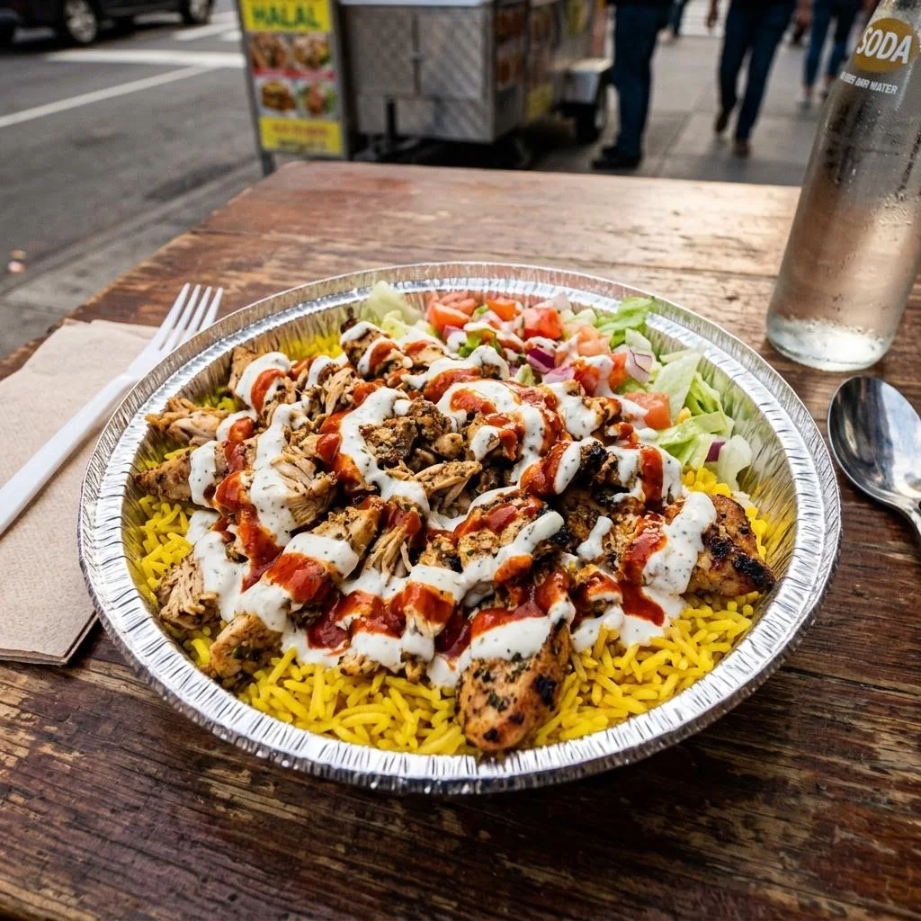 Halal chicken over saffron rice with salad, white sauce, and hot sauce