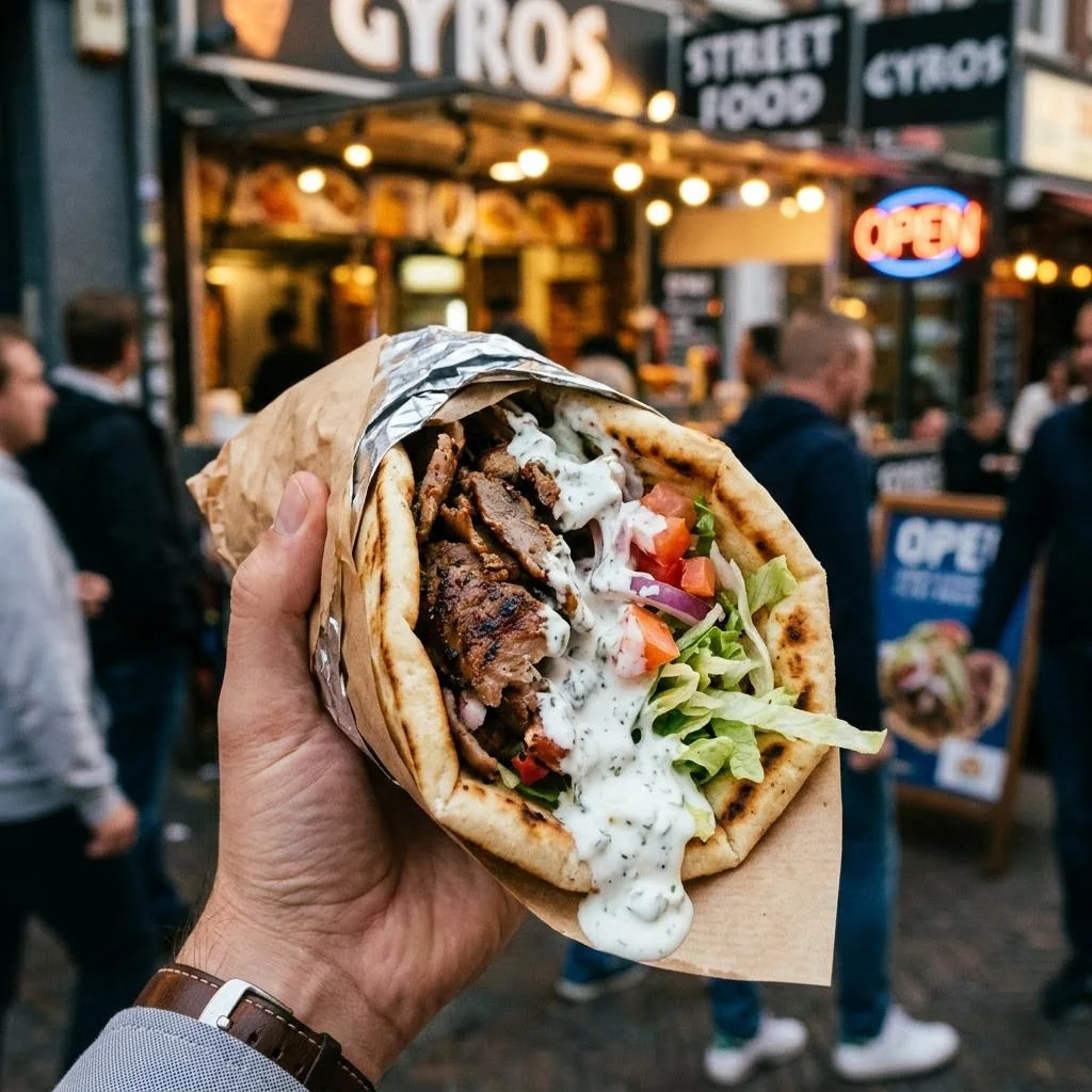 Lamb gyro in warm pita with lettuce, tomato, and sauce